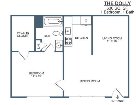 Floor plan for 1 bed, 1 bath, 630 sqft